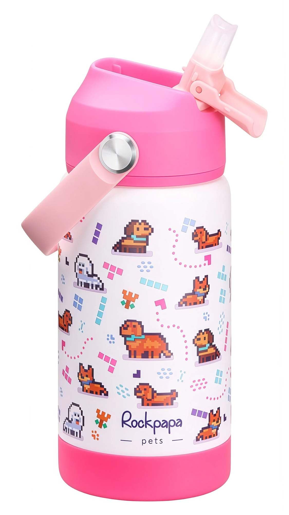 Rockpapa Kids Insulated Water Bottle with Straw, BPA-Free, 18/8 Stainless Steel, Leak Proof, 14OZ Metal Cup Water Bottle for School Boys Girls (White Pets Dog) โ image 1