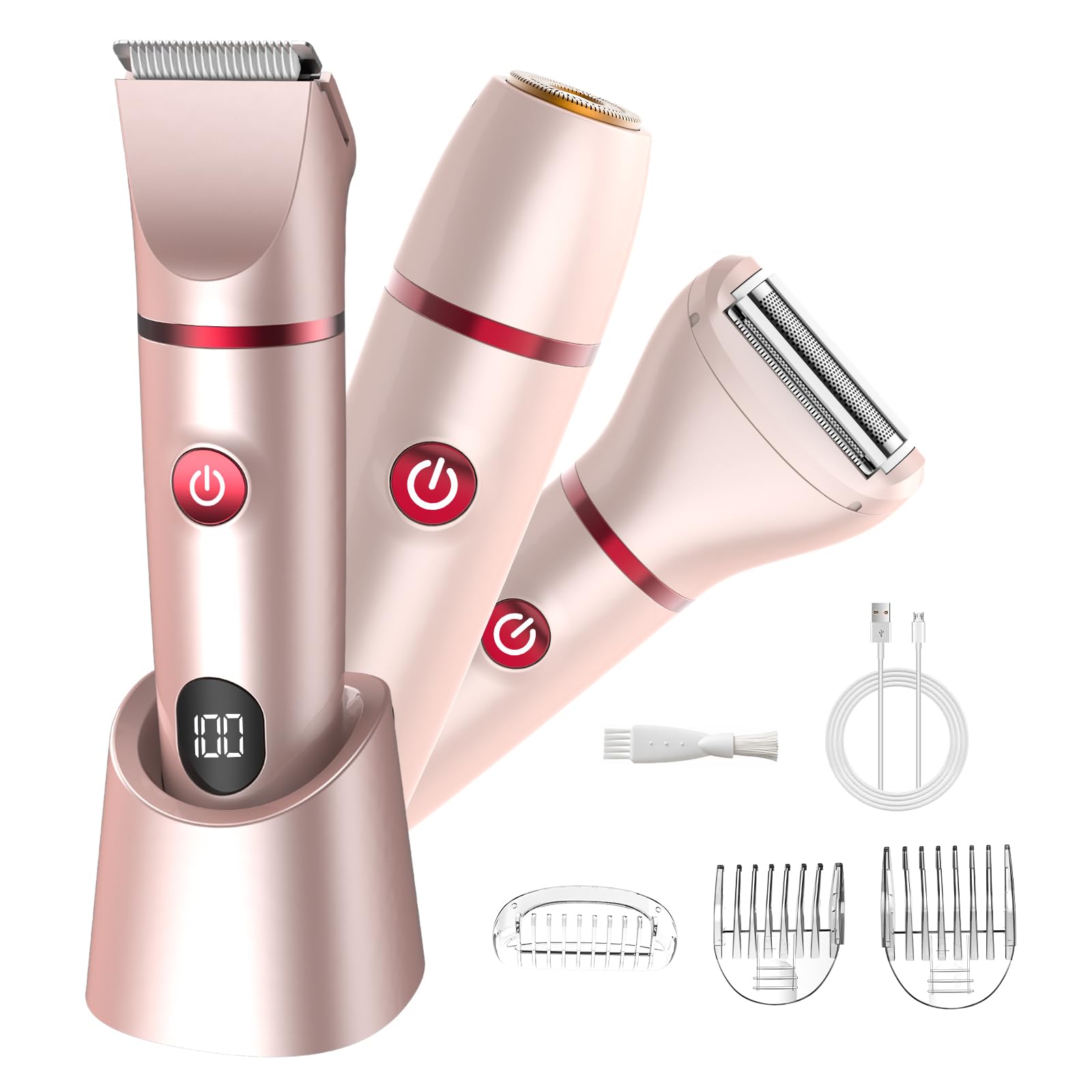 Zesuti Bikini Trimmer for Women- 3 in 1 Painless Electric Razors for Women,Waterproof Pubic Hair Trimmer and Facial Hair Remover,LCD Display Body Shaver for Trip,Rechargeable Women's Grooming Kit