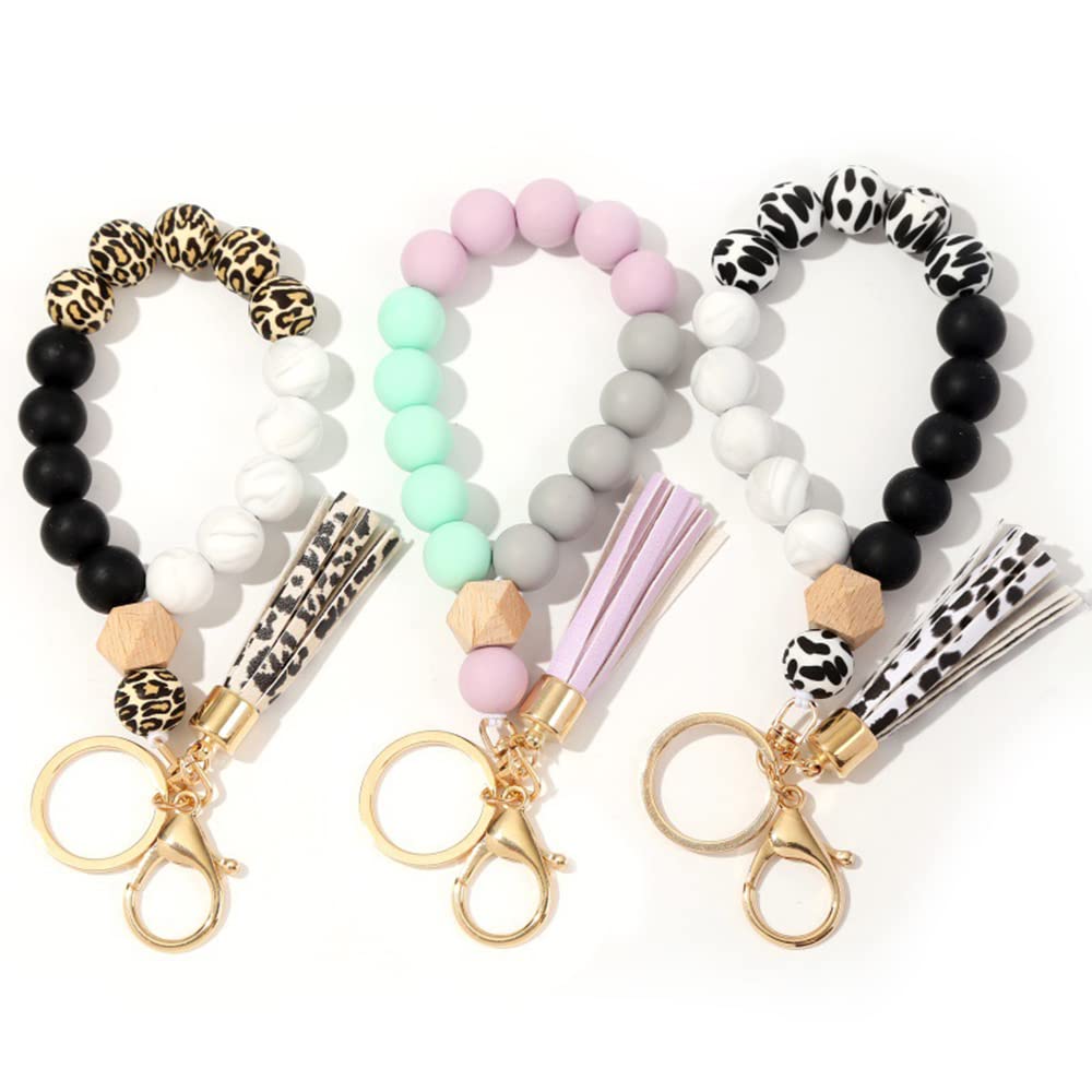 LUOZZY Beaded Keychain With Tassel – Silicone & Wood Bead Bracelet Style Key Ring For Women, Girls, Car & Purse (Yellow Leopard)