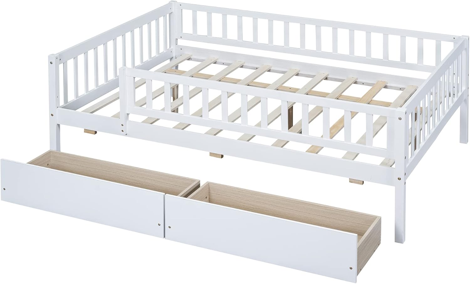 Full Size Bed Frame with Fence Railings and Storage Drawers, Wooden Montessori Style Kids Beds with Slats Support, Dual-use Daybed for Bedroom and Living Room, White