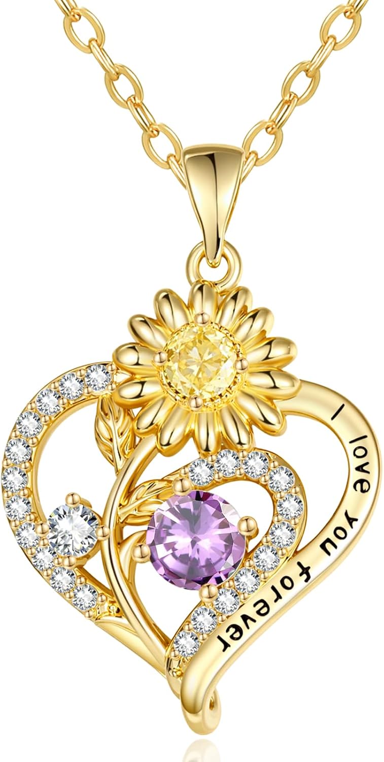 Sunflower Heart Necklace for Women, 14K Gold Birthstone Jewelry, Exquisite Anniversary Birthday Gifts for Wife Mother, I Love You Forever Necklace