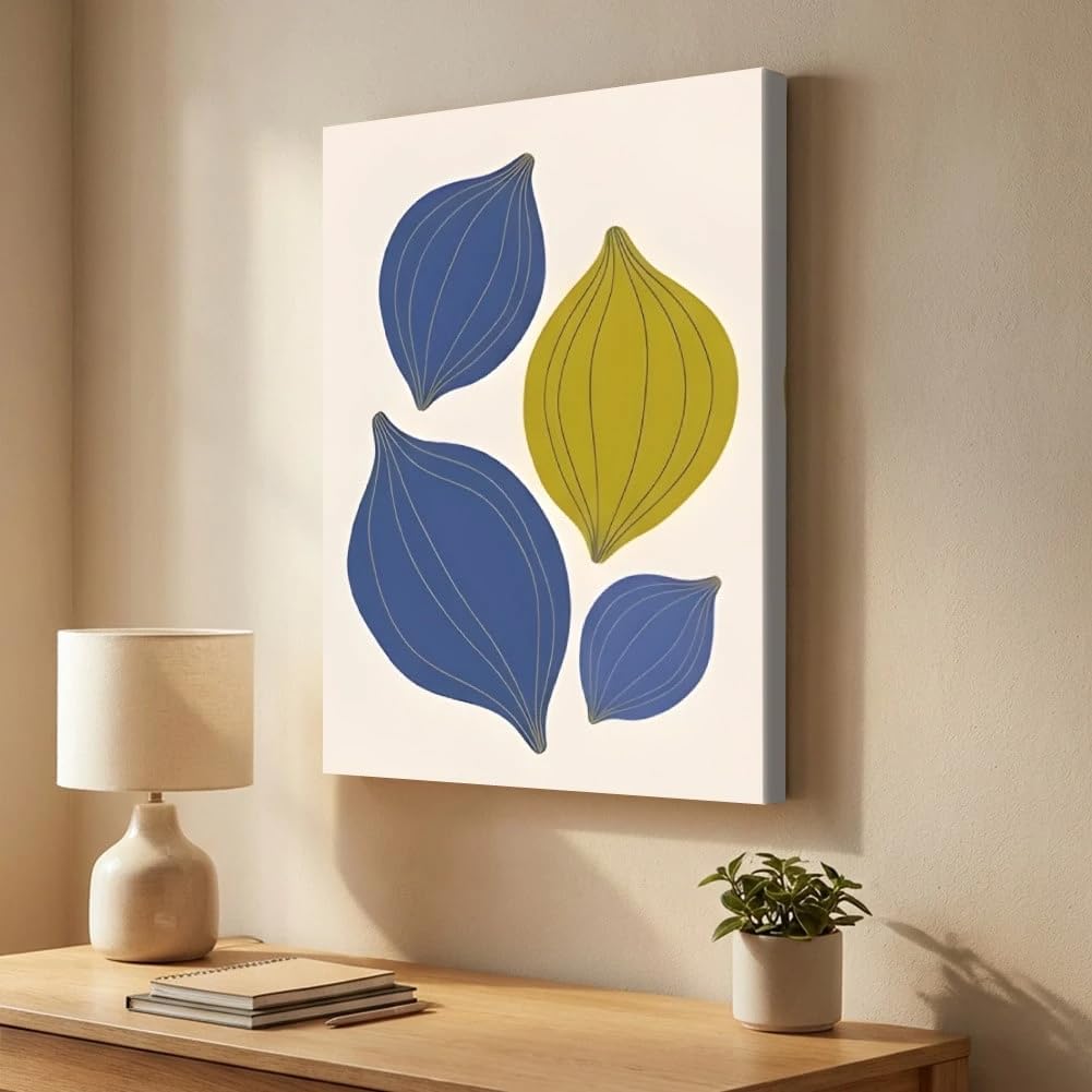 1 cuadro abstracto con formas de hojas en azul y amarillo, ideal para sala de estar (70x120cm/Sin marco).