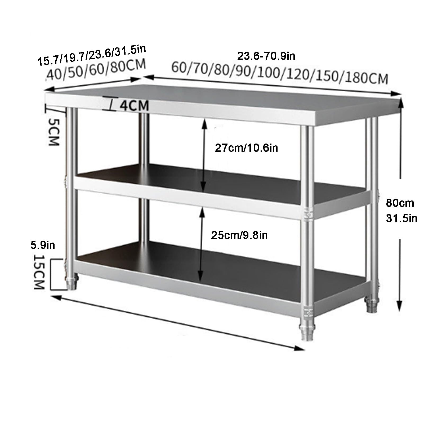 Tavolo Inox 3 Ripiani Banco Da Lavoro Professionale(45x45cm) | Banco da lavoro rinforzato, spessore 40mm, piedini regolabili, portata 150kg per isola cucina, garag