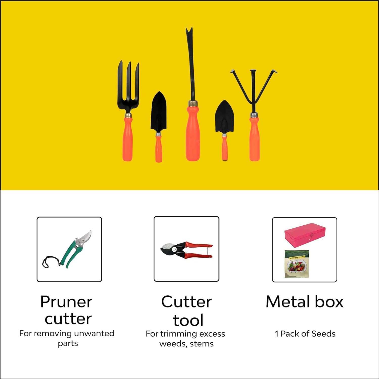 Garten-Handwerkzeug-Set – 10-teilig (Kultivator, Gartengabel, Kellen, Unkrautjäter, Gartenhandschuhe, Schere, Gartenschere, Samenpaket, Metallbox)