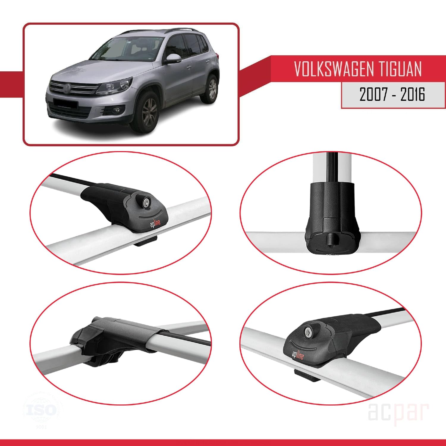 Compatible con Volkswagen Tiguan (5N) 2007-2016 Ace-1 Barras de Techo Auto Portaequipajes Barras Transversales Gris Aluminio 2 Barras