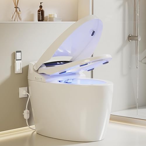 Smart Toilet with Warm Water Sprayer and Dryer, One Piece Bidet Toilet with Auto Dual Flush Foot Sensor Operation,Heated Seat Smart with Built In Fahrenheit LED Display
