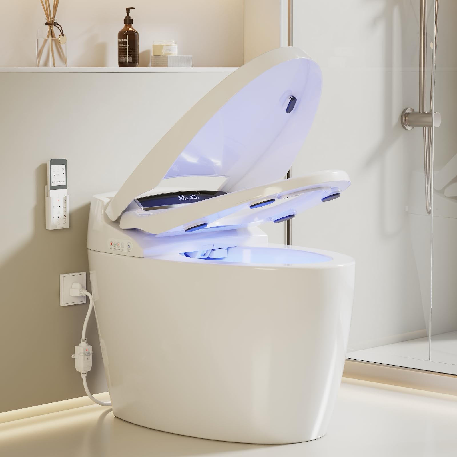 Smart Toilet with Warm Water Sprayer and Dryer, One Piece Bidet Toilet with Auto Dual Flush Foot Sensor Operation,Heated Seat Smart with Built In Fahrenheit LED Display
