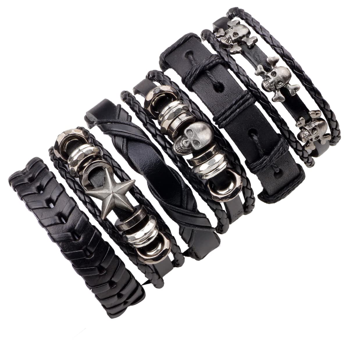 Thajaling6PCS Braided Leather Wide Wristband, Unique Vintage Skull Bracelets, Handmade Leather Bracelets, Fashion Leather Bracelet, Suitable for Bikers, Rock Musicians