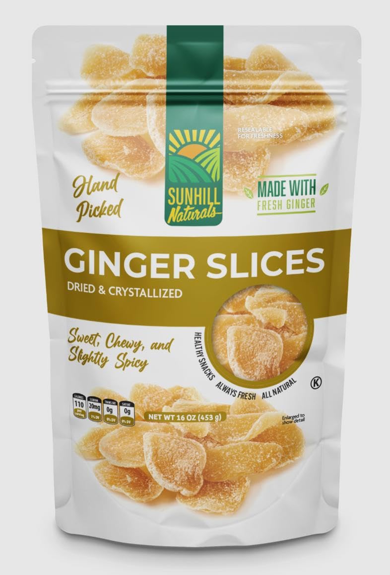 Sunhill Naturals Crystalized Ginger Slices, Dried Slices with Natural Sweetness, Premium Ginger Pieces, Sweet & Spicy Pieces