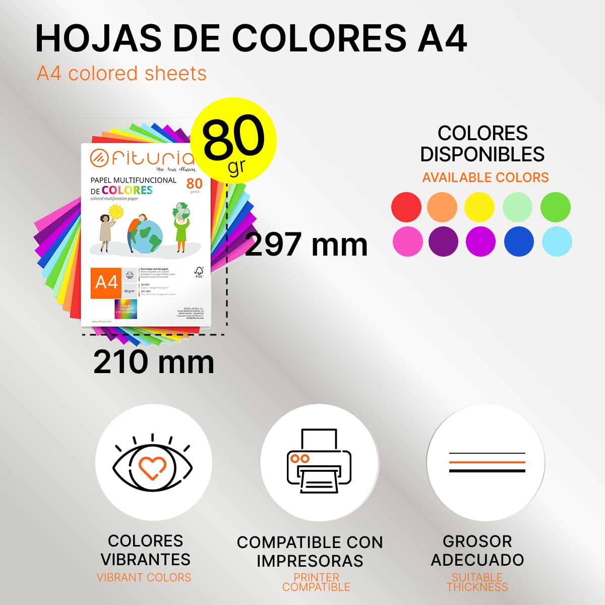 OFITURIA Fogli Colorati A4 80gr, 500 Fogli – Carta Hobby (Arcobaleno) | Carta Colorata per Hobby Creativi. Rosso, Arancione, Giallo, Verde Chiaro, Verde, Azzurro, Blu Scuro, Lilla, Viola e Rosa.