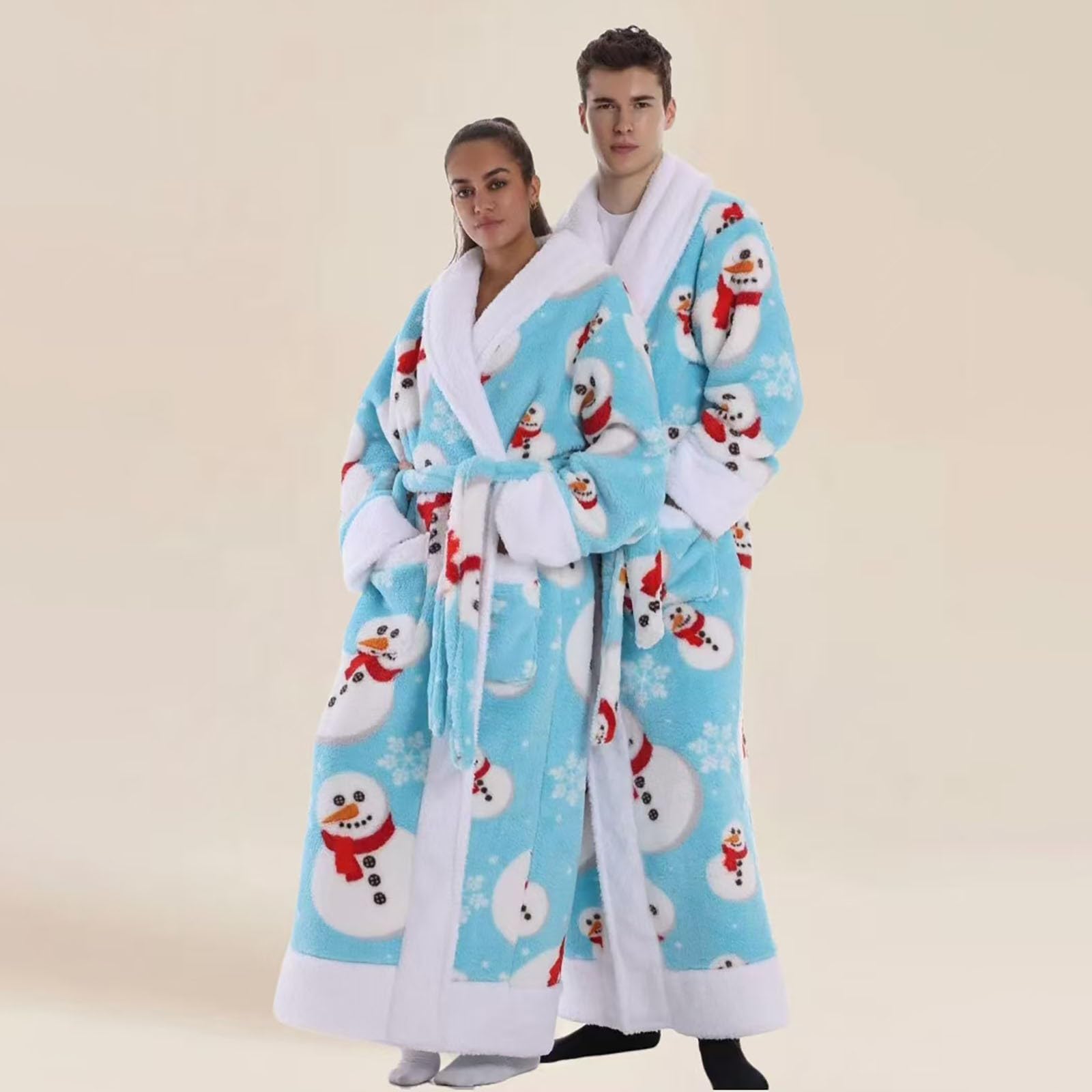 Generisch Accappatoio lungo in flanella con motivo pupazzo di neve, colletto a risvolto, per uomo e donna, caldo, unisex, con tasche in vita, per accoglienti serate di coppia