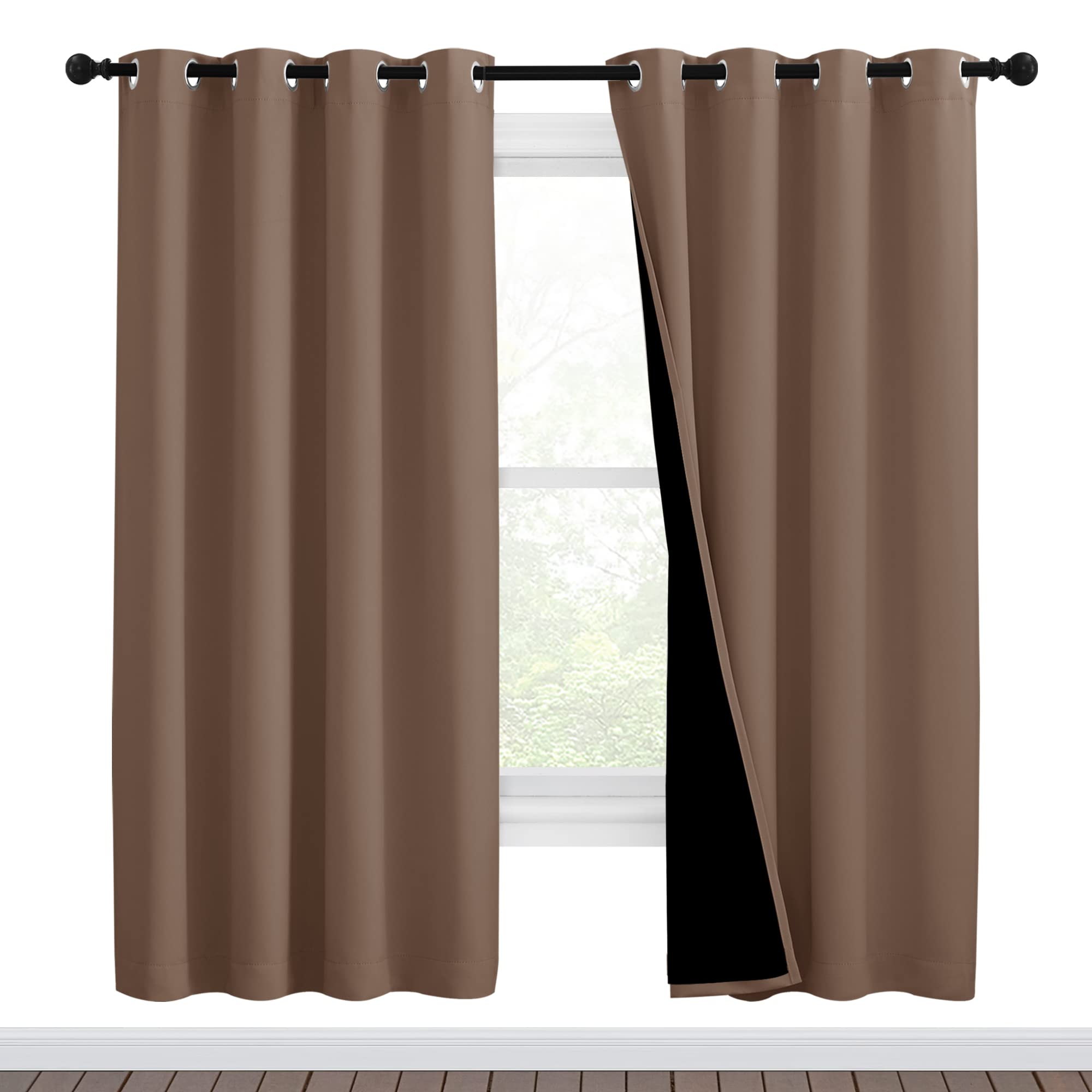 NICETOWN Living Room Completely Shaded Draperies, Privacy Protection &amp; Noise Reducing Ring Top Drapes, Black Lined Insulated Window Treatment Curtain Panels(Cappuccino, 2 Pieces, W46 x L72)