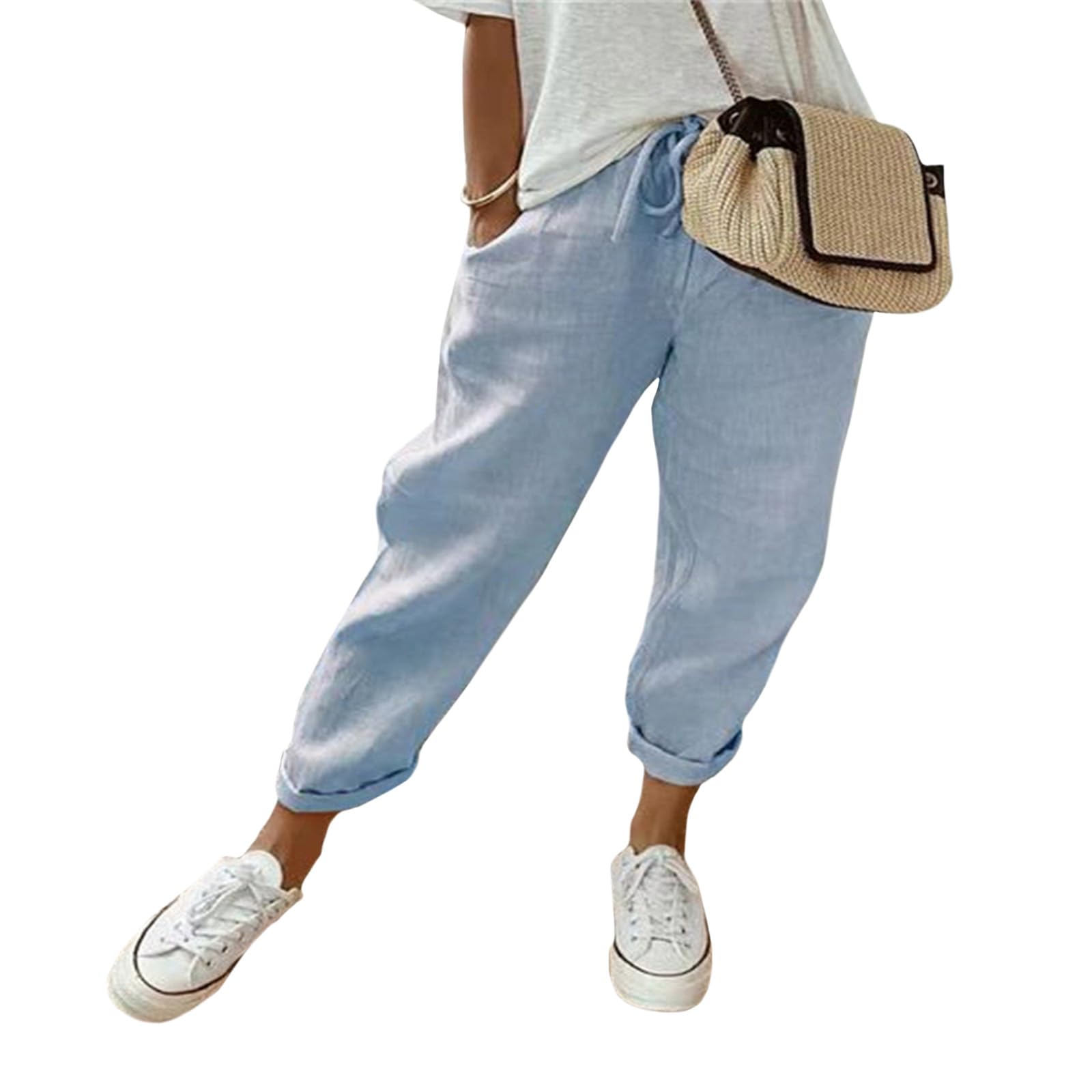 Womens Elastic Waist Straight Leg Loose Pants Summer Casual Cotton Pants High Waisted Trousers with Pockets for Women