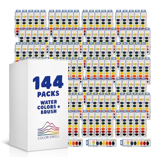 Color Swell 144 Set Bulk Watercolor Paint Pack with Wood Brushes 8 Colors Washable Water Colors Perfect for Kids Classroom Parties Students All Ages