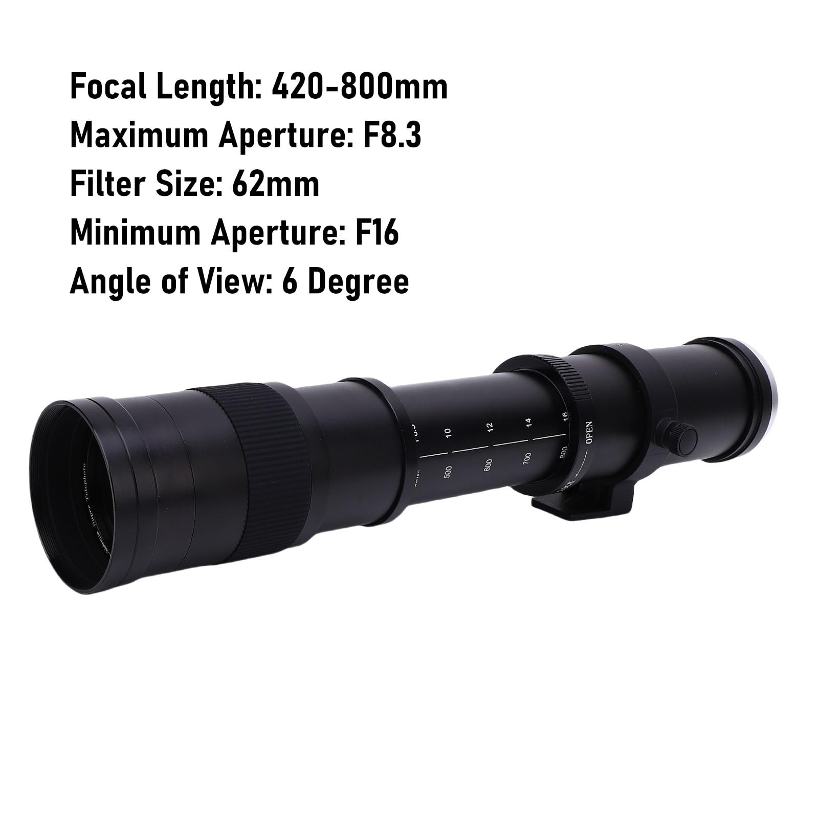 Zunate 420-800 Mm F8.3 Teleobiektyw Zoom, Obiektyw Manualny Aparatu Ogniskowania dla Kamer DSLR EF/EF (BLACK)