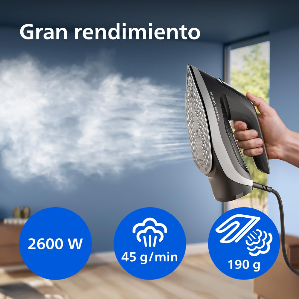 Philips Serie 6000 Plancha de Vapor con tecnología OptimalTEMP, 190g golpe, 45g continuo, suela SteamGlide Plus, antigoteo y apagado automático (DST6120/80)