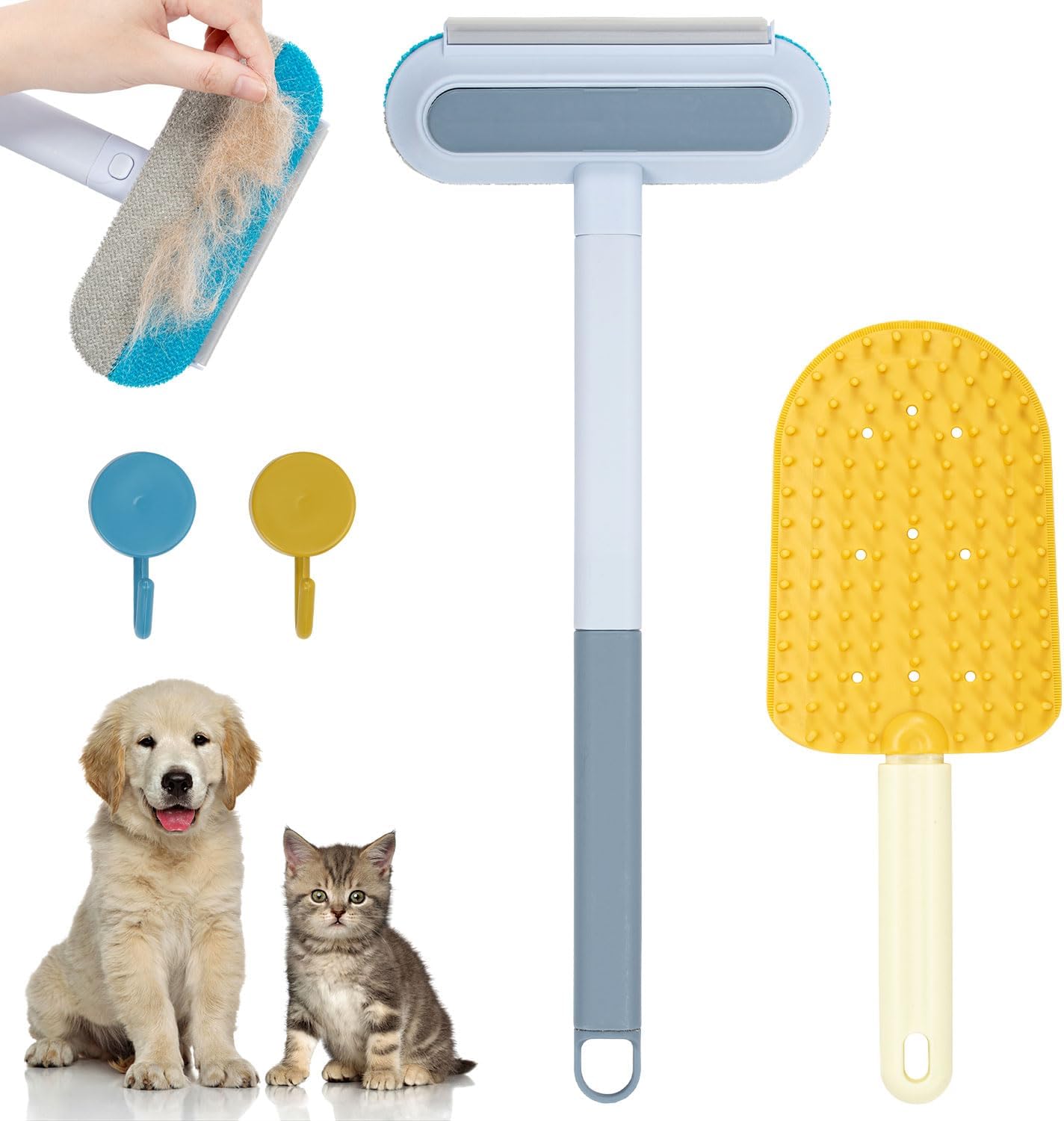 Pet Hair Remover for Carpet, 4 In 1 Multifunctional Pet Dog Cat Hair Remover, Double-Sided Dog Cleaning Brush Set With Hooks Carpet Rake, Reusable Pet Brush for Clothes Furniture Glass