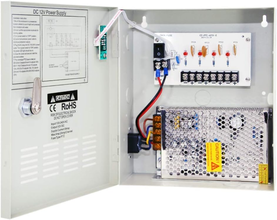 eSecure 12V DC 5 Amp Power Supply Box, 4CH, 110V AC Input, Surge Protected, Regulated and Filtered, PTC Fuse