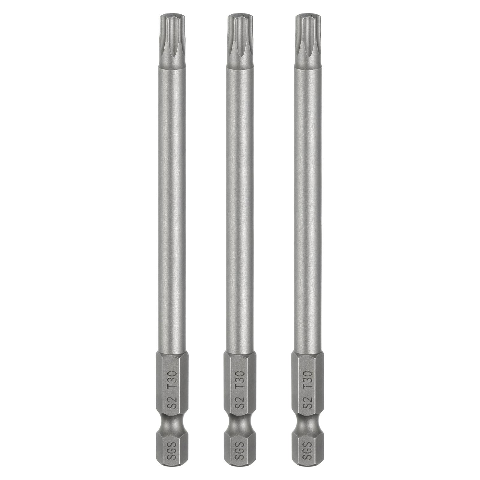 sourcing map 3pcs T30 Torx Head Screwdriver Bit 1/4" Hex Shank 4" (100mm) Long Magnetic No Hole Tip Tamper Proof 6 Point Star Screw Driver Drill Bits S2 Steel Industrial Power Screwdrivers
