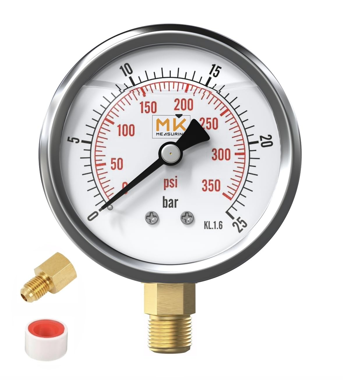 Glyzerin-Manometer 0–25 bar, Anschluss 1/4 NPT, Edelstahlgehäuse mit Teflon und Adapter 1/4 NPT auf 1/4 BSP, Kompressionstester, Luft-, Reifen-, Wasser-, Gas- und Benzindruck