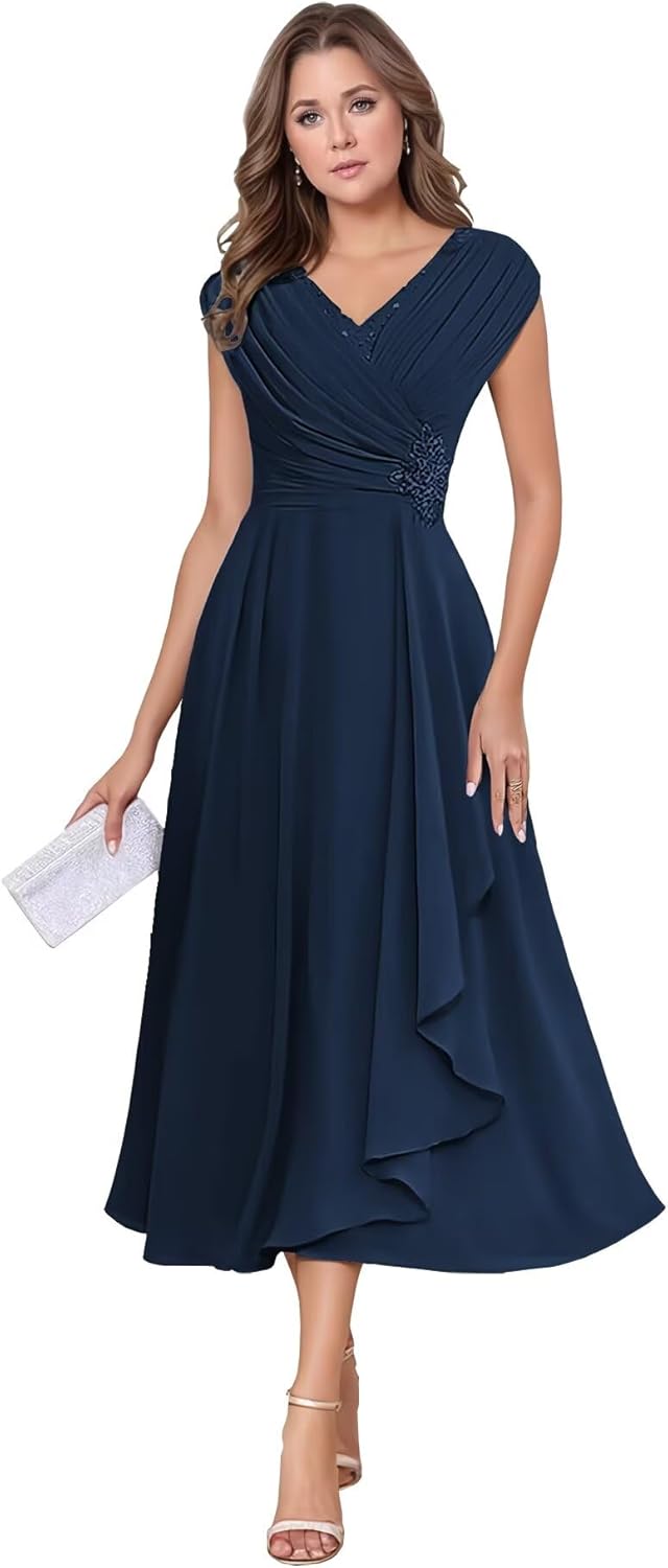 Chiffon Tea Length Mother of The Bride Dresses for Wedding Cap Sleeve Lace Applique Short Formal Evening Gown for Women