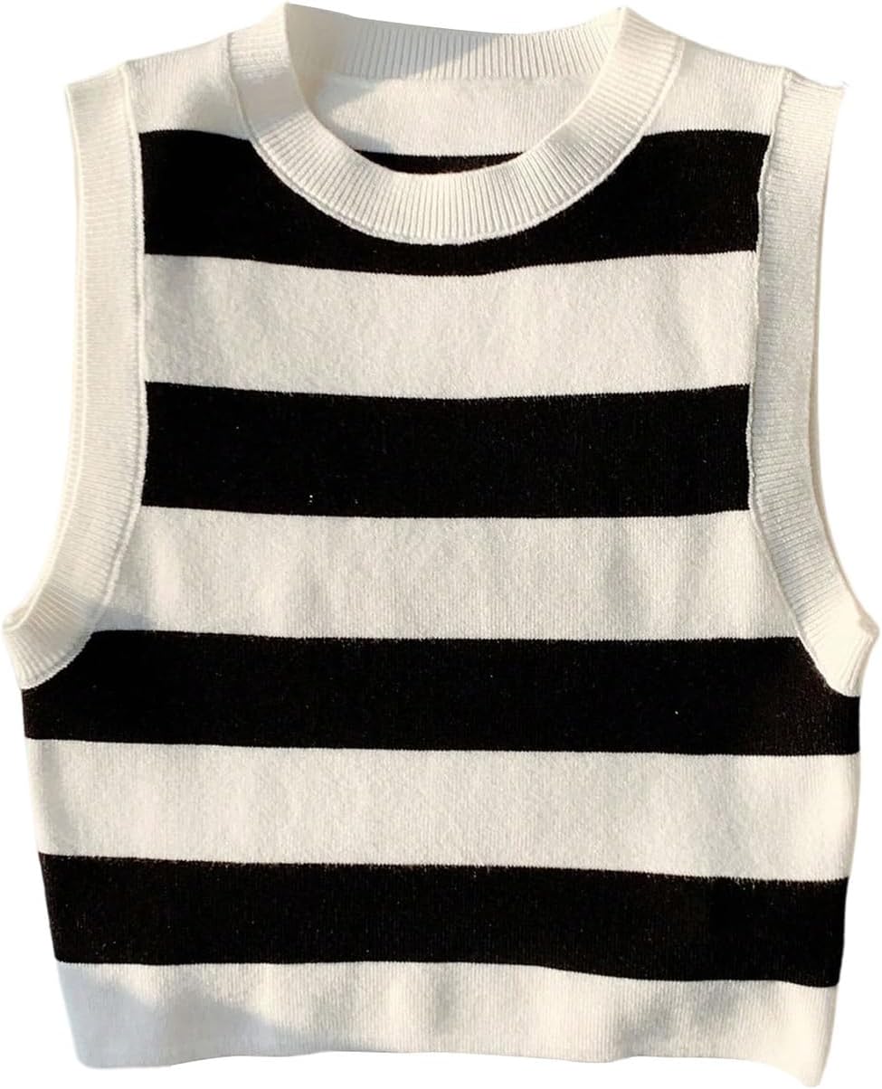 RoseSeek Women's Striped Knit Vest Crew Neck Sleeveless Pullover Sweater Tops Slim Fit Knitted Tank Tops