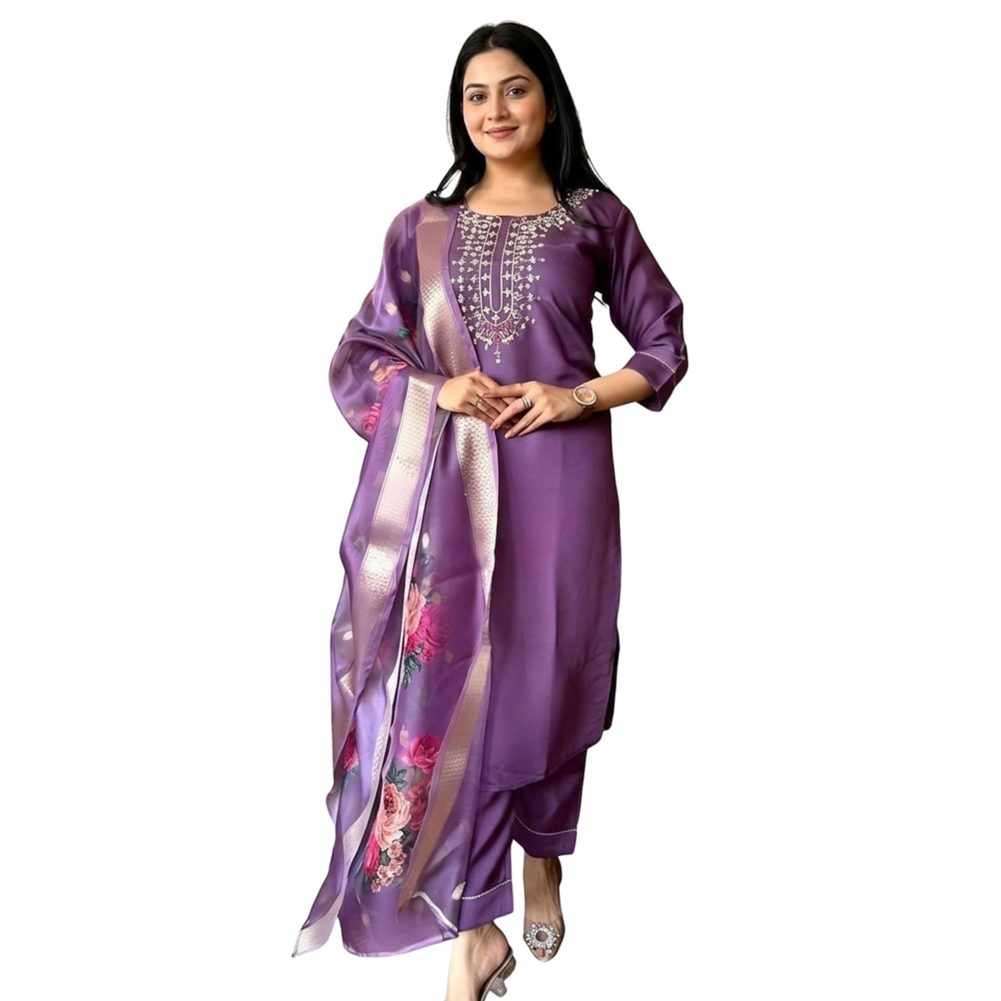 Women’s Magic Cotton Round Neck 3/4 Sleeves Embroidered Straight Kurti Set with Pants & Chanderi Digital Floral Print Dupatta | 3 Piece Ethnic Wear-picture-27