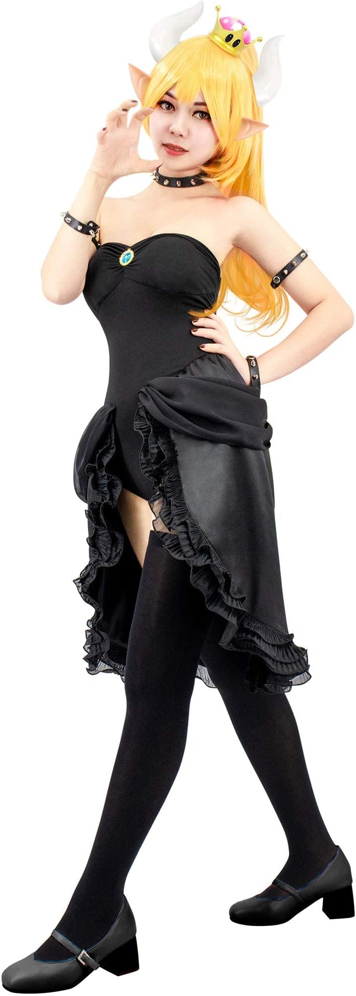 C-ZOFEK Princess Koopa Bowsette Cosplay Costume Black Dress with Rivets