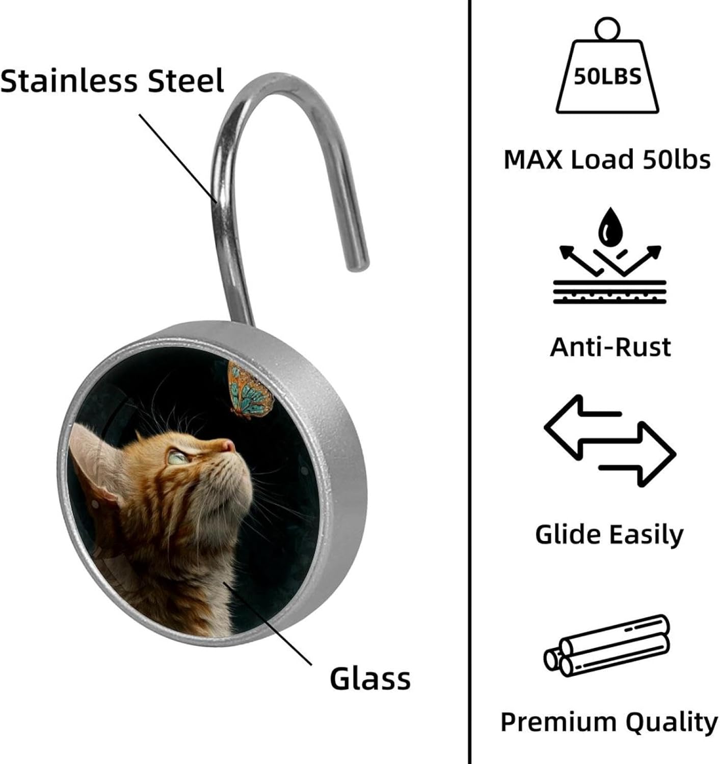 12 Pack Cat and Butterfly Shower Curtain Hooks, Stainless Steel Decorative Shower Curtain Rings for Bathroom, Rust Proof Shower Curtain Hangers for Curtains Rods