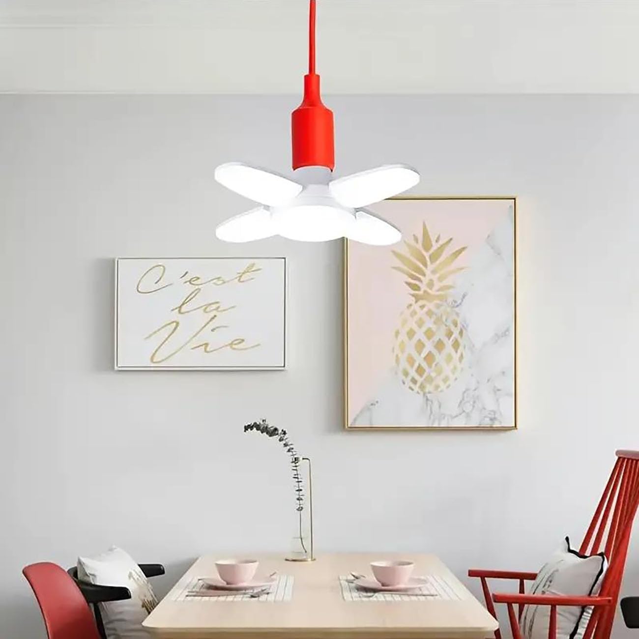 2PC 28W LED Pendant Light, E26/E27, 6500K Daylight, Foldable 4-Leaf Design, Semi Flush Mount Ceiling Fixture, with Detachable Plastic Shade, for Indoor Use, No Accessories Required