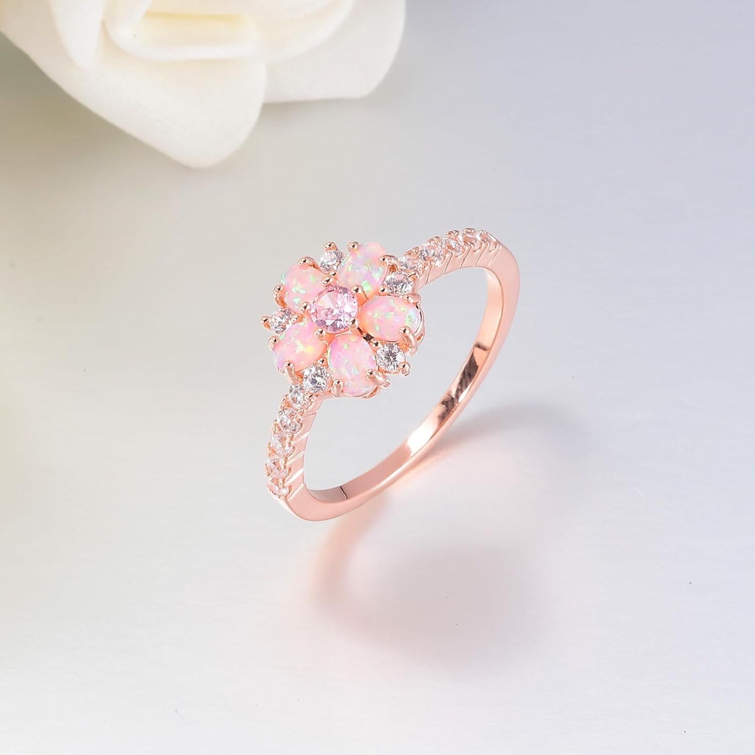 CiNily Opal Engagement Rings 14K Silver Plated Flower Opal Wedding Bands for Women Eternity Ring Cubic Zirconia Promise Rings for Her Diamond Accents Ring Valentine Gifts for Women Size 5-12