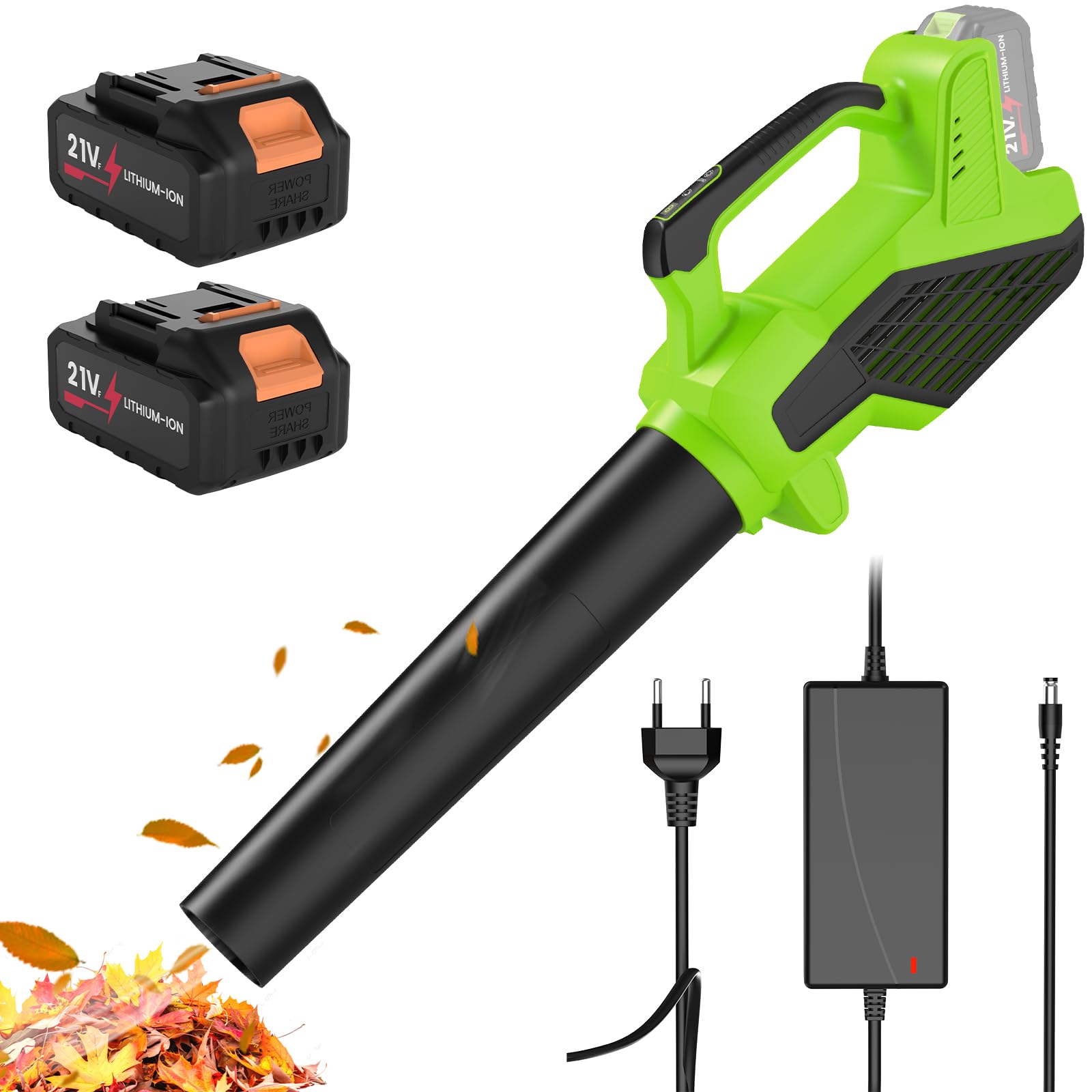 Soplador de batería de 21 V, soplador de hojas inalámbrico con batería de 2 x 4,0 Ah, 6 velocidades, soplador eléctrico sin escobillas para mantenimiento del jardín, pasillo, hojas, polvo y nieve