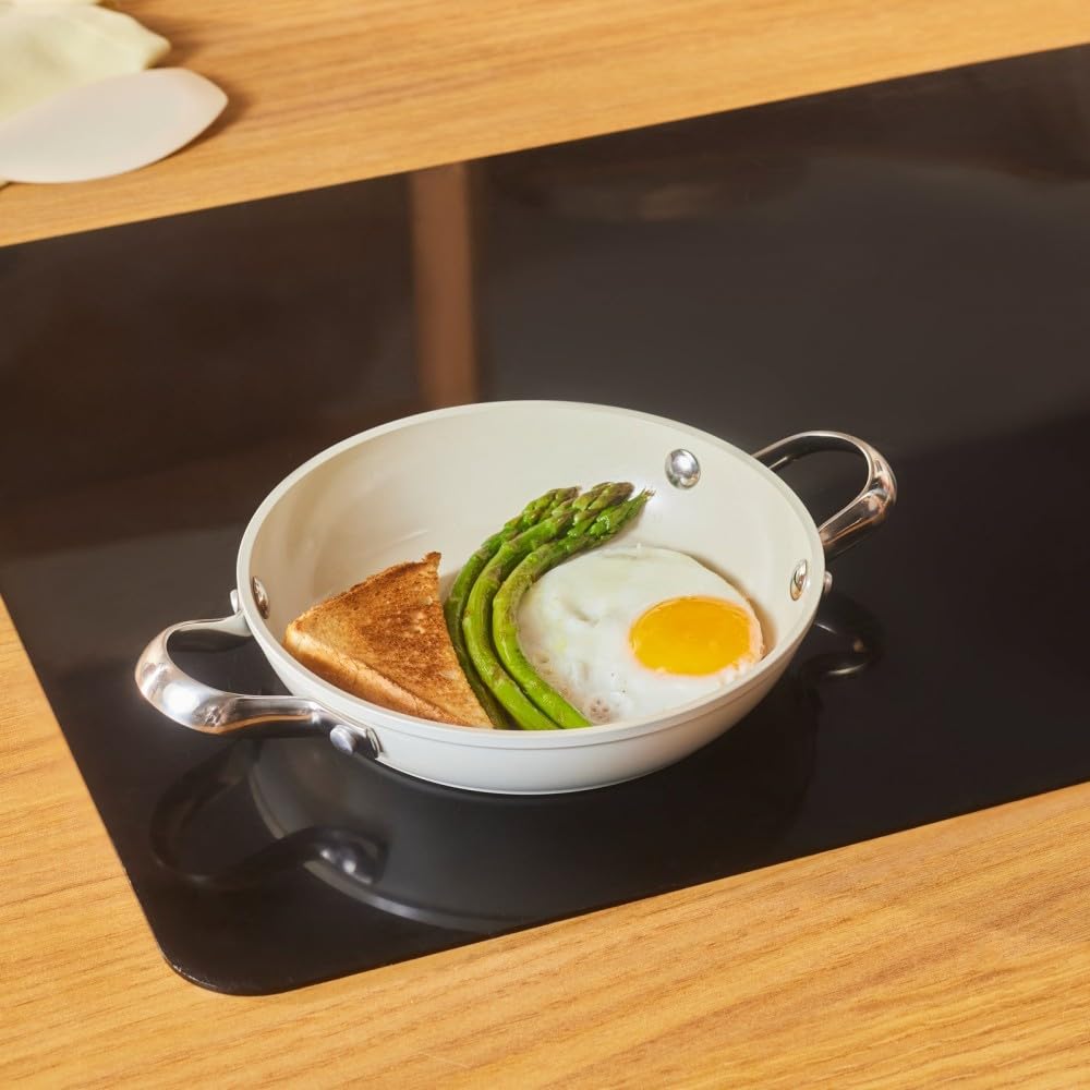 Karaca Cream Swiss Crystal Almond Non-Stick Induction Stainless Steel Handle Shallow Stock Pot, 18Cm,