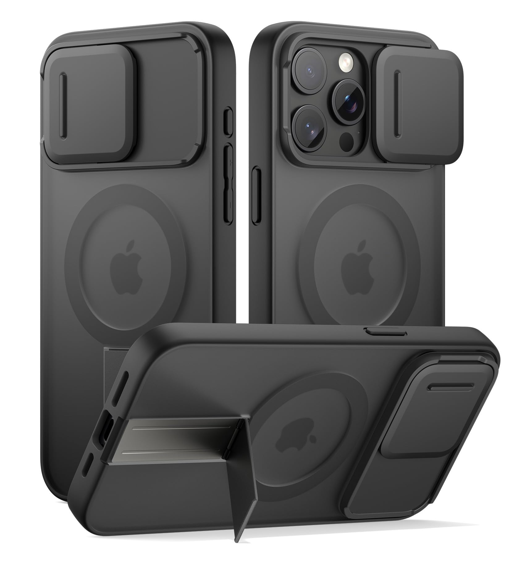 SURITCH for iPhone 15 Pro Max Case, Compatible with MagSafe, Built-in Kickstand & Camera Cover & Translucent Back, Shockproof Rugged Protective Phone Cover 6.7 Inch, Black