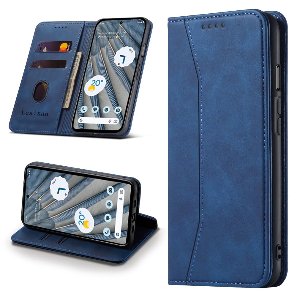 Leaisan Mobile Phone Case for Google Pixel 7A Case Premium Leather Flip Foldable Shockproof Magnetic [Stand Function] [Card Slots] Protective Case for Pixel 7A Case - Blue