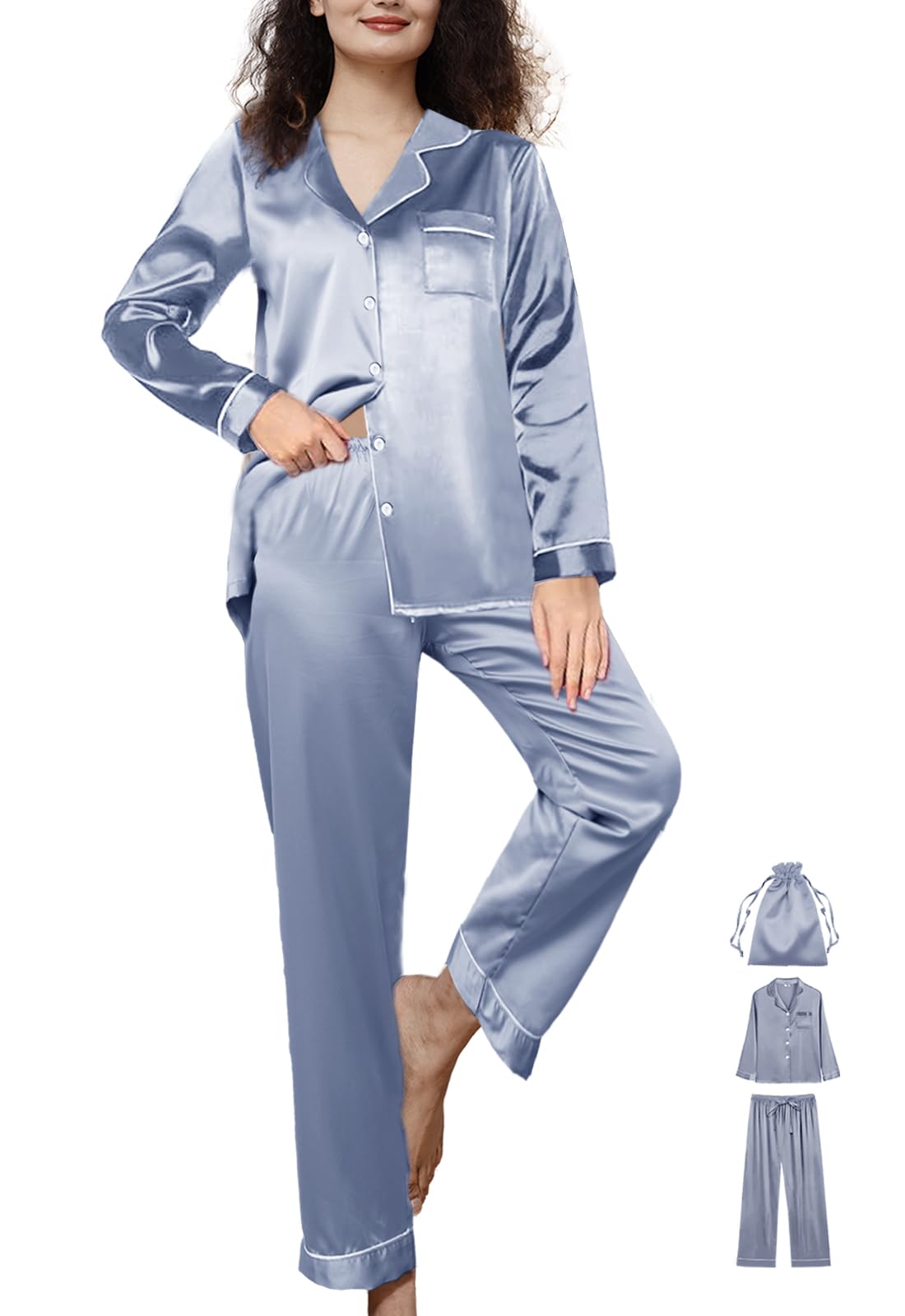 WJing Yi Jia Conjunto de pijama de seda de 3 piezas para mujer, tallas XS a 3XL, conjunto de pijama de satén sedoso, conjunto de pijama largo para dormir
