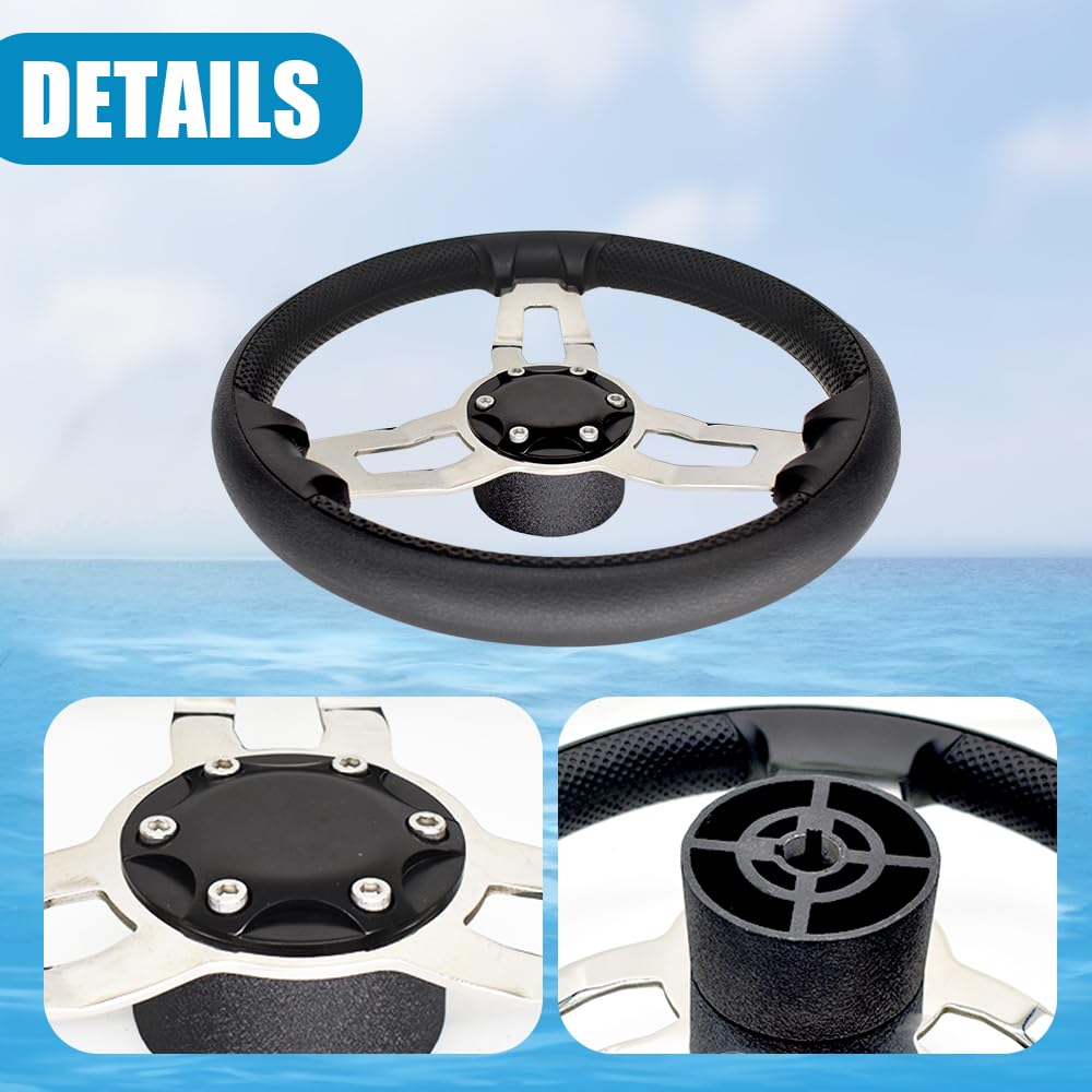 34,9 cm (13,5 Zoll) Anti-Rutsch-Lenkrad aus PU-Schaumstoff, Mojiate Edelstahl-Lenkrad, Marine-Lenksystem mit Aluminium-Montagebasis für Boote, Yachten, Pontonboote und mehr
