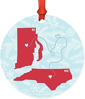Round Natural Wood MDF Keepsake Christmas Ornament Long Distance Gift, North Carolina and Rhode Island, Winter Blue and Red, 1-Pack, Moving Away Graduation University College Relationships