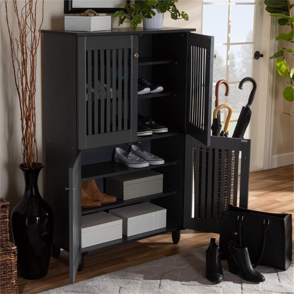BOWERY HILL 4-Door Wood Shoe Cabinet, Dark Gray Finish, Engineered Wood Construction, Ventilated Slatted Doors, 18-Pair Capacity, Tapered Legs, Entryway Shoe Storage Organizer