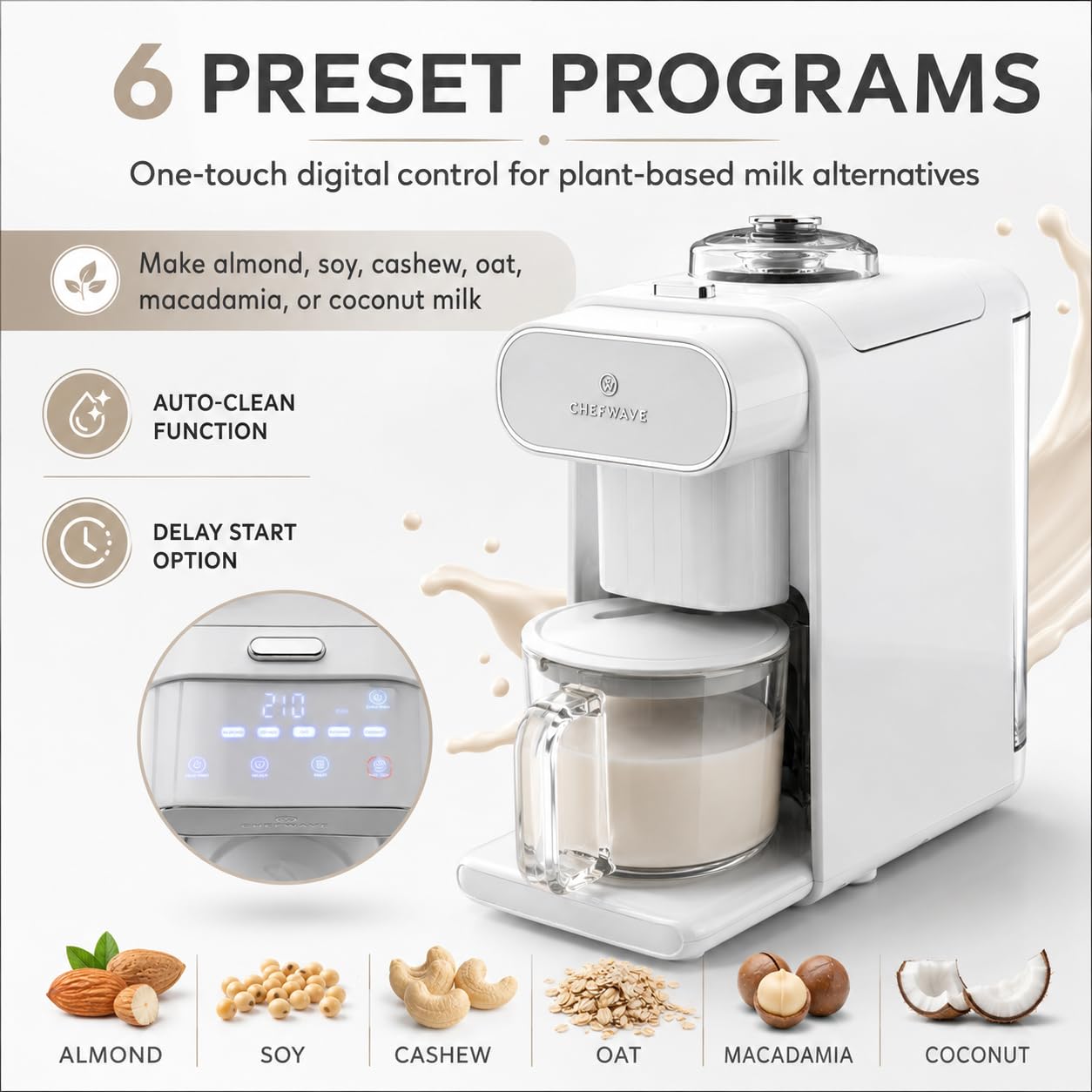 ChefWave Milchmade Dairy Alternative Vegan Nussmilchmacher Maschine Milchmaschine Mandelmilch Sojamilch Hafermilch Cashewmilch Kokosmilch Macadamia Milch, Verzögerungsstart, Rezeptbuch
