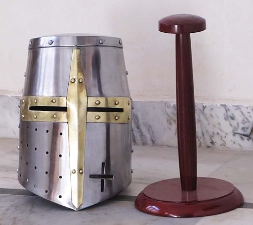 Miniatura 4 de THORINSTRUMENTS (con dispositivo) Casco medieval de armadura de caballero de los templarios con soporte de madera, griego, espartano, romano