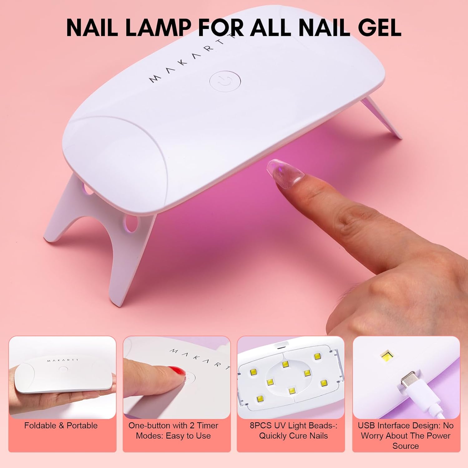 Makartt Nail Glue and Tips Kit: 15ML Solid Gel with Almond & Coffin Pre-Buffed Fake Nails, Portable UV Lamp, Base and Top Coat, Nipper, Cuticle Remover and File for DIY Art Manicure