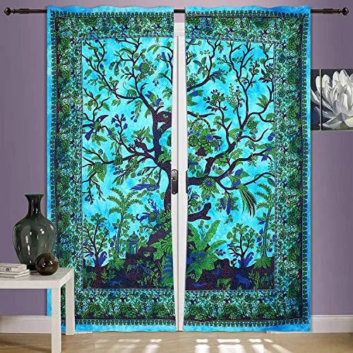 GDONLINE Indian Curtain Drapes Panel Sheer Tourquoise Tree of Life Mandala Bohemian 2 PC Curtain Set Window Treatment Door Hanging Home Decor