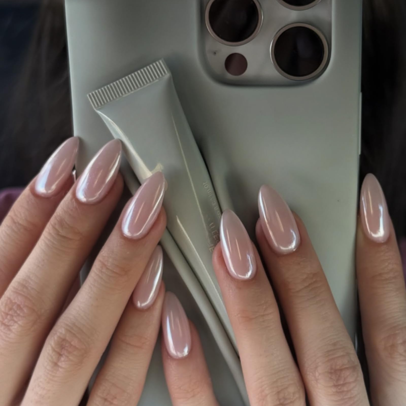 Almond False Nails Medium - 24pcs Chrome Light Pink Press on Nails - Aurora Pearl Glazed Spakly Glitter Fake Nails with Glue - Shimmer Oval Stick on Nails Full Cover Acrylic for Women Girls Daily Wear