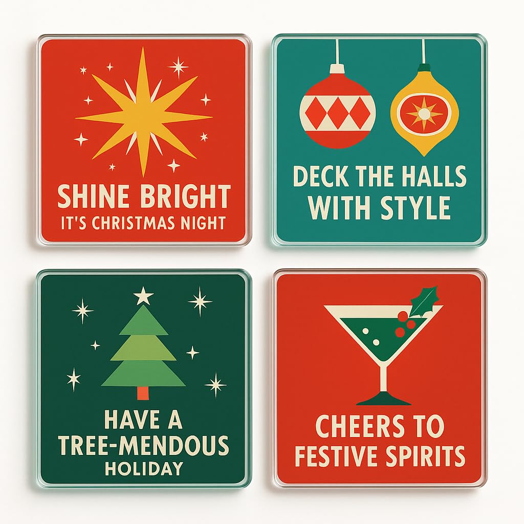 The Plum Penguin Retro Holiday Vibe Acrylic Christmas Coaster Gift Set Of 4 With Retro 1950S Christmas Design - Festive Home Decor Drinkware For Holiday Celebration