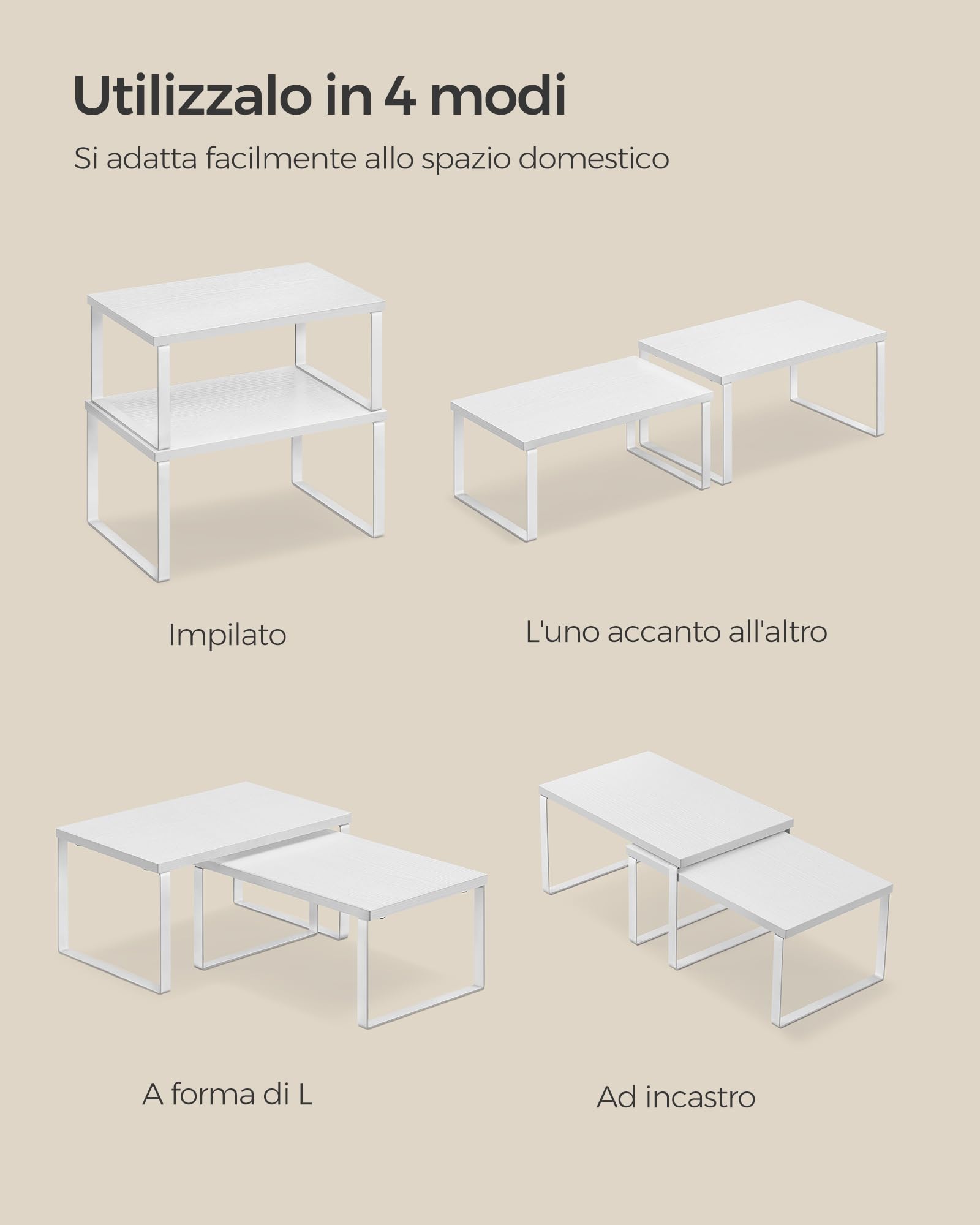 SONGMICS Organizzatori da Cucina Set di 4 Scaffali da Banco Portaoggetti Impilabile Espandibile Metallo Legno Ingegnerizzato Bianco Nuvola Bianco Neve KCS027W01