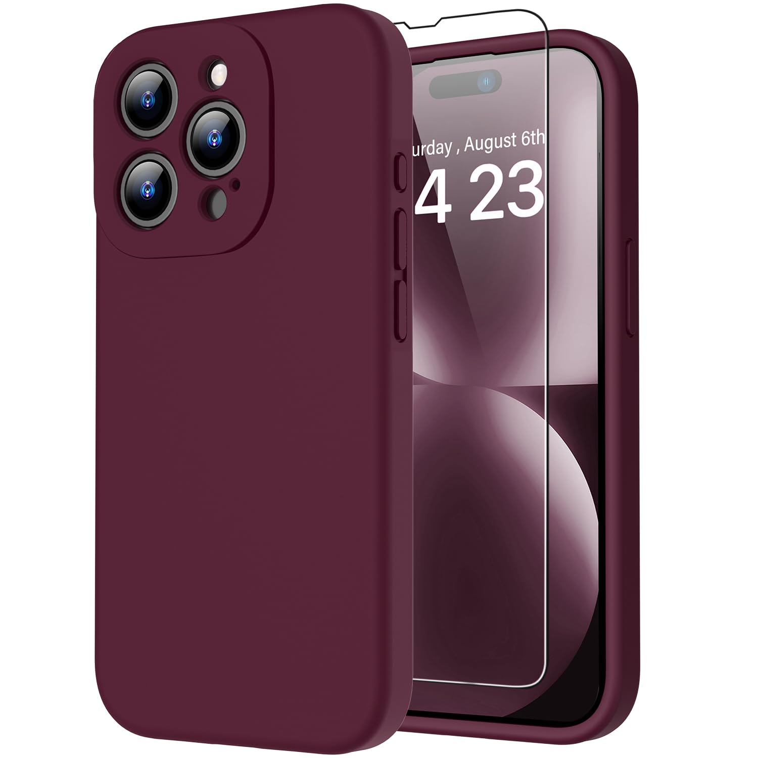 bicol for iPhone 15 Pro Max Case with Screen Protector,Enhanced Camera Lens Protection,Soft Liquid Silicone Slim Fit Protective Phone Cover 6.7" Plums Color