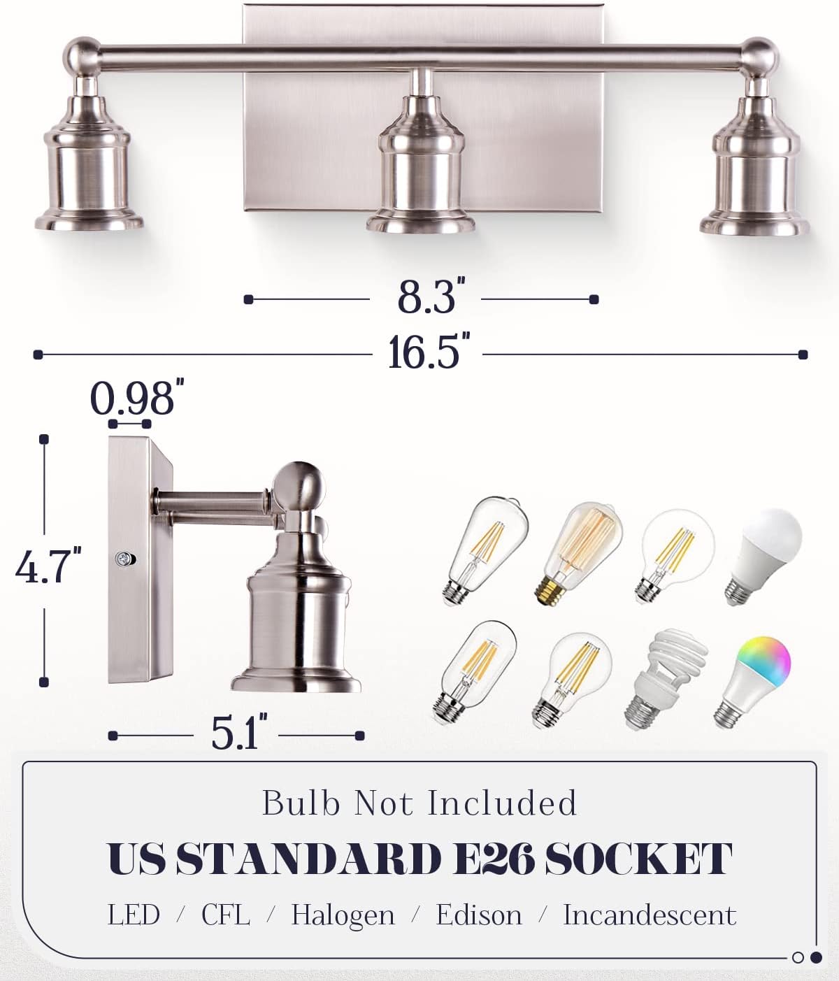 3-Light Vanity Light Fixture, Modern Brushed Nickel Wall Sconce Light Fixture, Industrial Bathroom Vanity Wall Lighting for Mirror, E26 Base Indoor Wall Lamps for Hallway(Bulb Not Included)