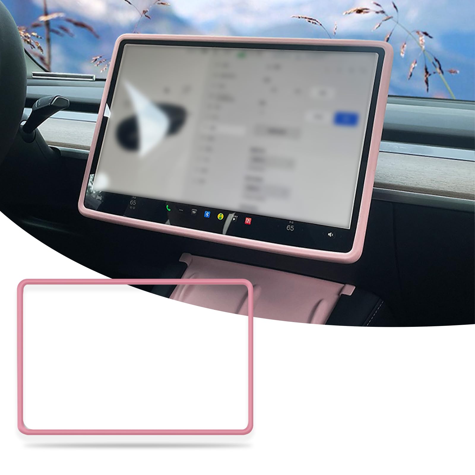 Hawyet1 PC Car Central Control Screen Protector, 13.7In x 8.6In Anti-Collision Soft Silicone Vehicle Screen Edges Frame, Central Control Accessories Compatible with Tesla Model 3 Model Y (Pink)