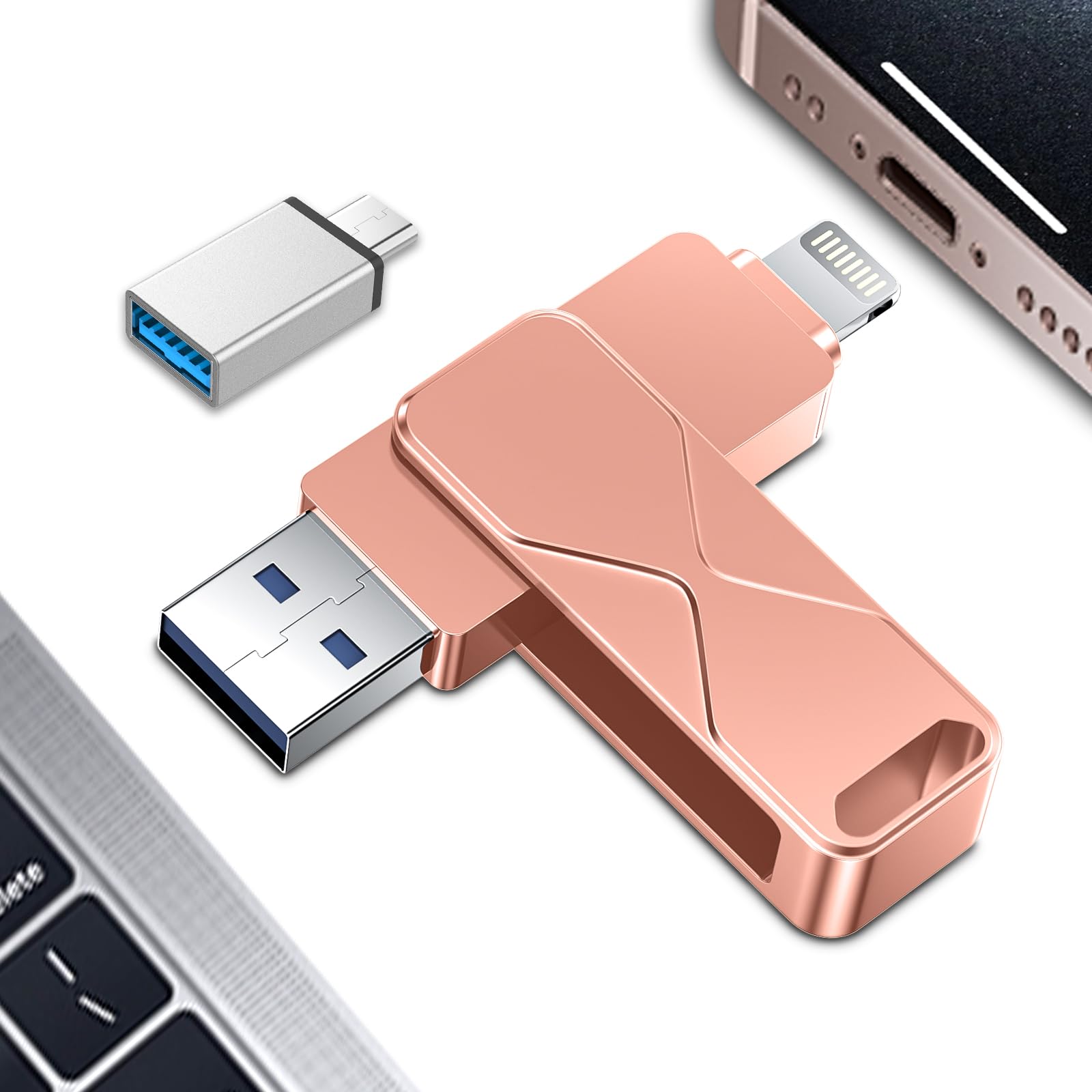 Chiavetta Usb 256GB per iPhone,Mfi Certified Lightning Memoria Esterna Pen Drive Penna Usb Chiavette 3 In 1 per iPhone,iPad,iOS,Macbook,Android,Pc